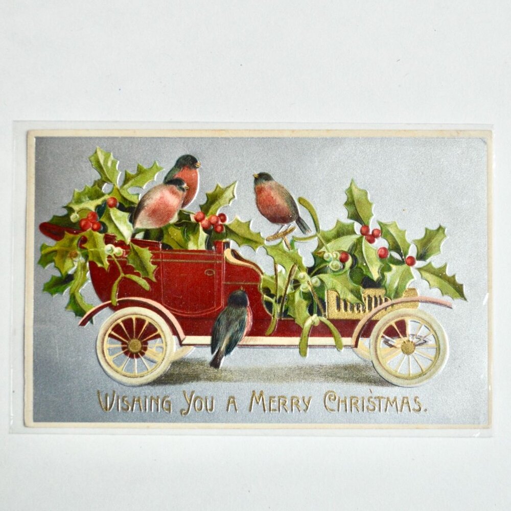 1908 Antique Wishing You a Merry Christmas Car Birds Postcard